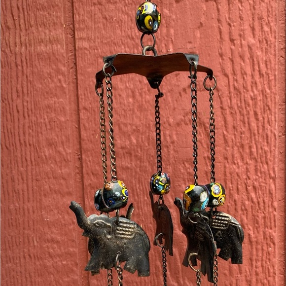 Elephant Boho Wind Chime Mobile w/ Millefiori Porcelain Beads Recycled Cow Bells - Picture 10 of 13